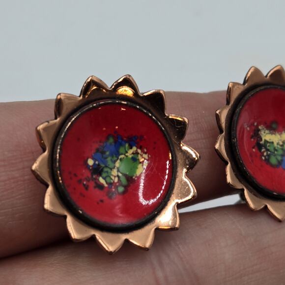 Vintage Matisse Enamel On Copper w/ Red Centers Clip On Earrings Mid Century - Picture 2 of 5